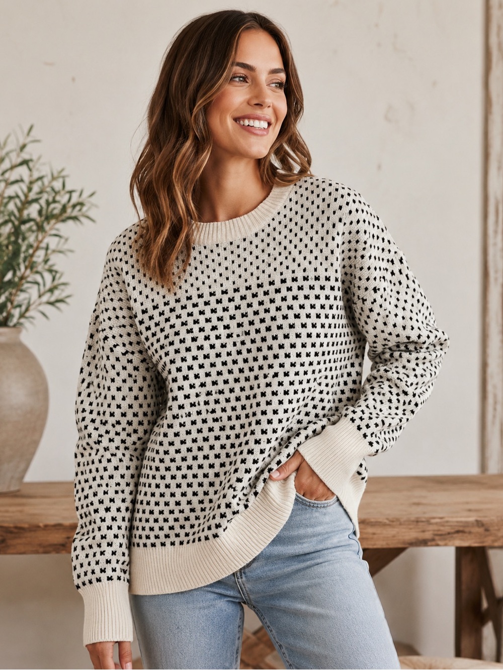 Dry Goods Dreamers by Debut Textured Crewneck Sweater in Cream and Black Size L
